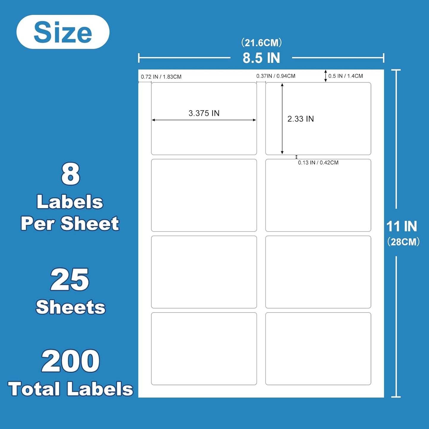 Name Tag Stickers 2 1/3" x 3 3/8", White Blank Mailing Labels, Inkjet and Laser Printer Guaranteed, 8 Labels Per Sheet, 25 Sheets - 200 Label （HB-R108）