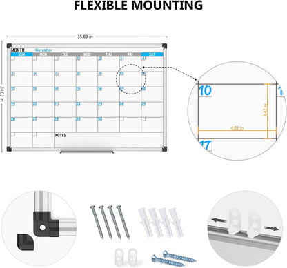XBoard Magnetic Calendar Whiteboard 36" x 24" - Monthly Calendar Dry Erase Board, Reusable Colorful Calendar Board, Silver Aluminium Framed Monthly Planning Board