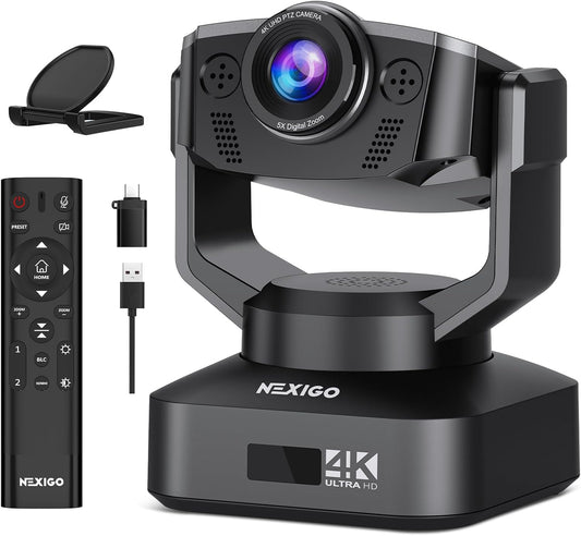 Zoom Certified, NexiGo N990 (Gen 2) 4K PTZ Webcam, Video Conference Camera System with 5X Digital Zoom, Sony_Starvis Sensor, Position Preset, Dual Stereo Mics, 3.5mm Audio Jacks for External Mics