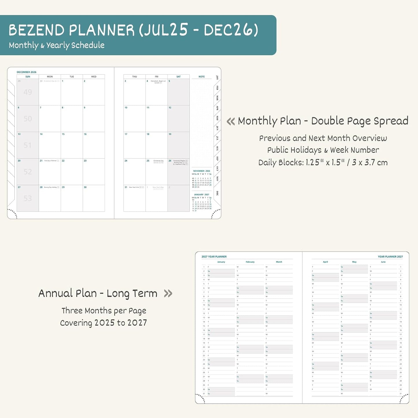 BEZEND Planner 2025-2026 Weekly and Monthly, 5.8" x 8.5" Academic Calendar (Jul 25-Dec 26) Vertical Daily Appointment with Hourly Timeslot & Monthly Tab, PU Leather Hardcover - Kiwi