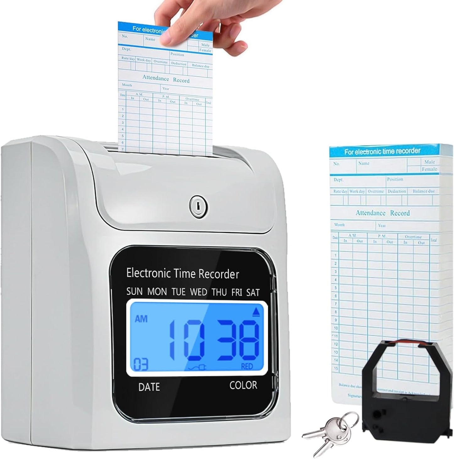 Employee Time Clocks for Small Business, Auto-Align Time Clock Punch Machine with 50-Piece Time Cards, Two Security Keys, and One Ink Ribbon Cartridge