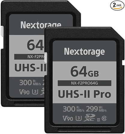 Nextorage 64GB 2pack SDXC UHS-II V90 SD Card Japanese Brand pSLC Max. Write Speed 299MB/s Max. Read Speed 300MB/s 4K Recording F2PRO Series 2P-F2PRO64G SDXC Card for Digital Camera