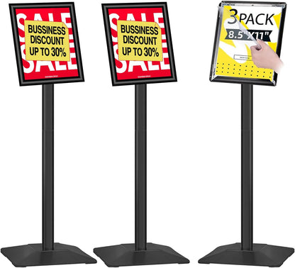 3Packs Heavy Duty Adjustable Pedestal Poster Sign Stand, 8.5x11 Aluminum Open Floor Standing Sign Holder for Vertical and Horizontal View Display (8.5x11,Black)
