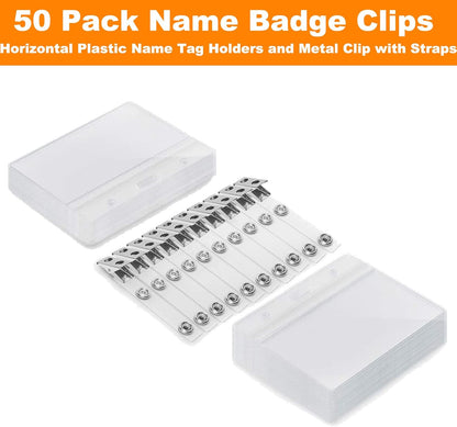 ID Badge Holder with Clip Clear Plastic Name Tag Holders Horizontal Ziplock Waterproof PVC ID Card Holder with Clip Straps(50 Pack, Horizontal 2.3X3.5)