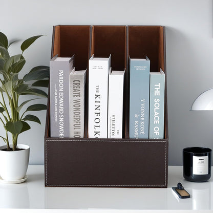 KINGFOM Desktop Wooden Leatherette Magazine File Holder-Organizer-3 Compartment Stand Rack-Papers Storage Box (brown)