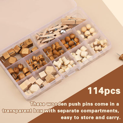 114 Pcs Wood Push Pins, 2 Colors and 7 Types Decorative Thumb Tacks Wooden Head Pin Map Tacks Marking Pin, Wood Thumb Tacks Decorative for Bulletin Boards Craft Projects with Storage Box