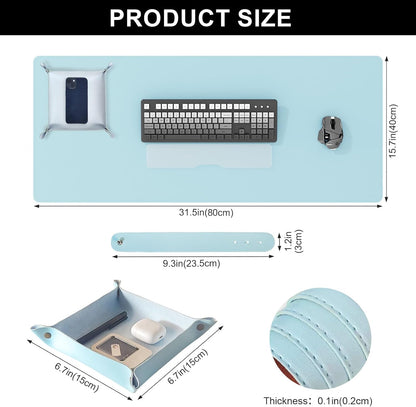 DAWNTREES Dual Sided Desk Mat,Leather Desk Pad,Cork Desk Mat Protector,with PU Leather Valet Tray Organizer,Large Mouse Pad,Desk Writing Pad for Office and Home(Light Blue 31.5"x15.8")