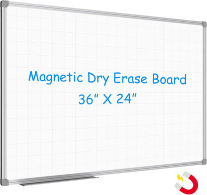 JILoffice Magnetic Dry Erase Planning Board, Grid Pattern White Board 36 x 24 Inch, Silver Aluminum Frame with Detachable Marker Tray for Office School and Home