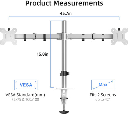 Suptek Dual Monitor Desk Mount, Adjustable Dual Monitor Arm for 2 Monitor Screens up to 42 inch, Extra Tall 15.75" Pole Monitor Stand for Desk, Holds up to 22 lbs,Silver(MD9442LS)