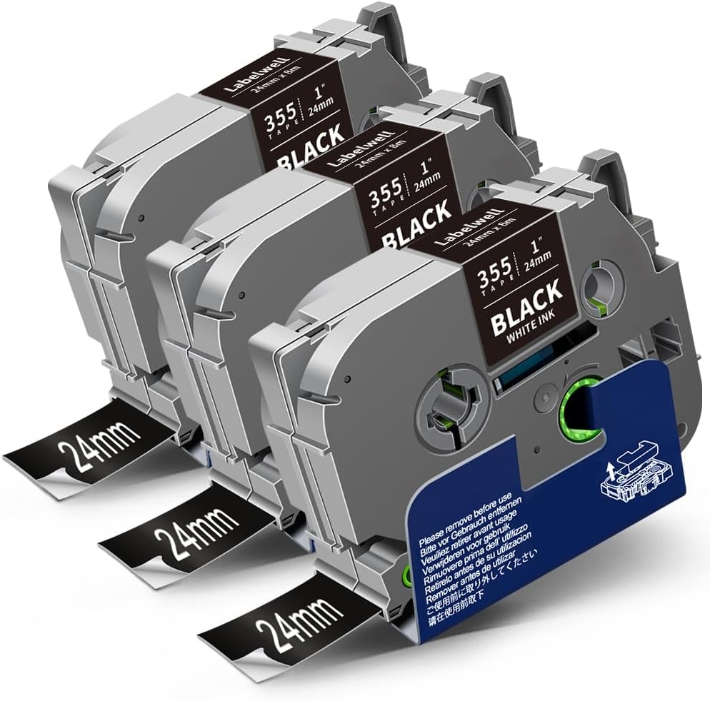 24mm 0.94 Laminated White on Black Compatible with P Touch Label Tape TZe-355 TZe355 TZ355 Refills for Ptouch PT-D600 PT-D600VP PT-D610BT, 1 Inch x 26.2 Feet, 3-Pack