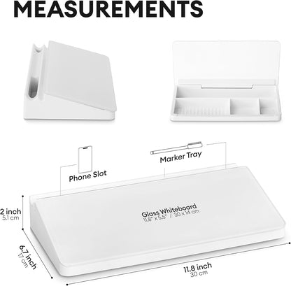 Glass Desktop Whiteboard with Storage 12"x6.5", Glass Whiteboard Desk Dry Erase Board w. 2 Markers,1 Eraser Monitor Mono Board, Office Desk Accessories, Work from Home Essentials