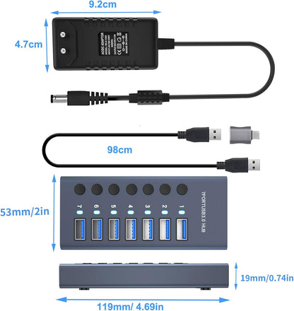 MaxLax 7 Port Aluminum USB 3.0 hub with 7 Port USB Data Transfer,36W (12V/3A) Power Adapter USB Splitter Independent Switch
