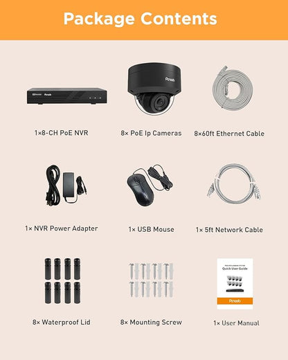 Security Camera System PoE, 8PCS 5MP Wired IP IK10 Vandal-Proof PoE Dome Camera, AI Human Detection, Remote Access, 100ft IR Night Vision Built-in Mic, 4K 8CH NVR 2TB HDD, PD54B0808-5M