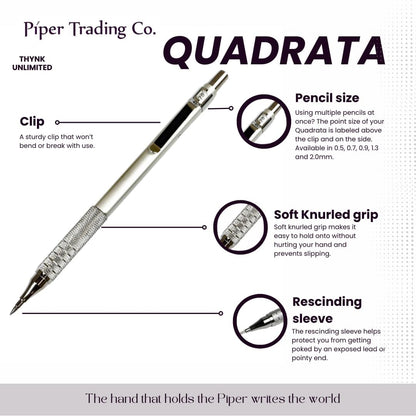 PIPER Quadrata Metal Mechanical Pencil 0.7mm with Erasers and HB #2 Lead Refills for Art, Sketching, Writing, Drafting (Satin Silver)