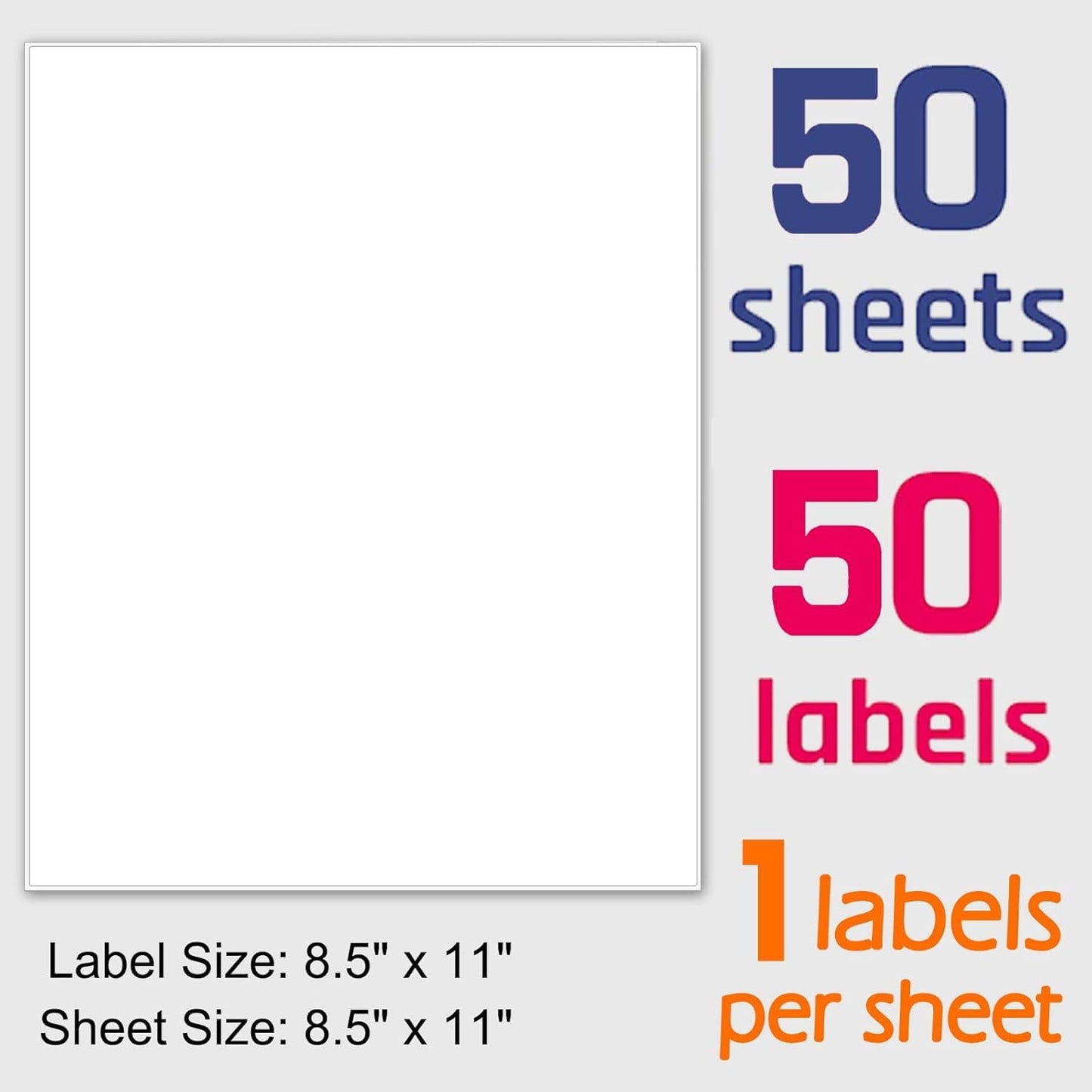 Printable White Sticker Labels, 50 Sheets 8.5" x 11" Full Sheet Label Stickers Paper for Laser & Inkjet Printer - Matte, 50 Labels