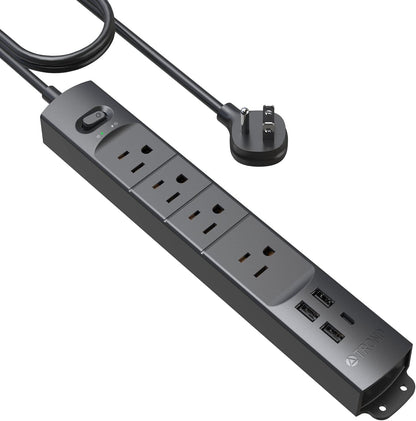TROND Surge Protector Power Strip with USB, Ultra Thin Flat Plug 6ft Long Extension Cord 1625W, 3 USB A & 1 Type C, 4 AC Outlets 1440J Surge Protection Wall Mount for Home Office Dorm Room, Black