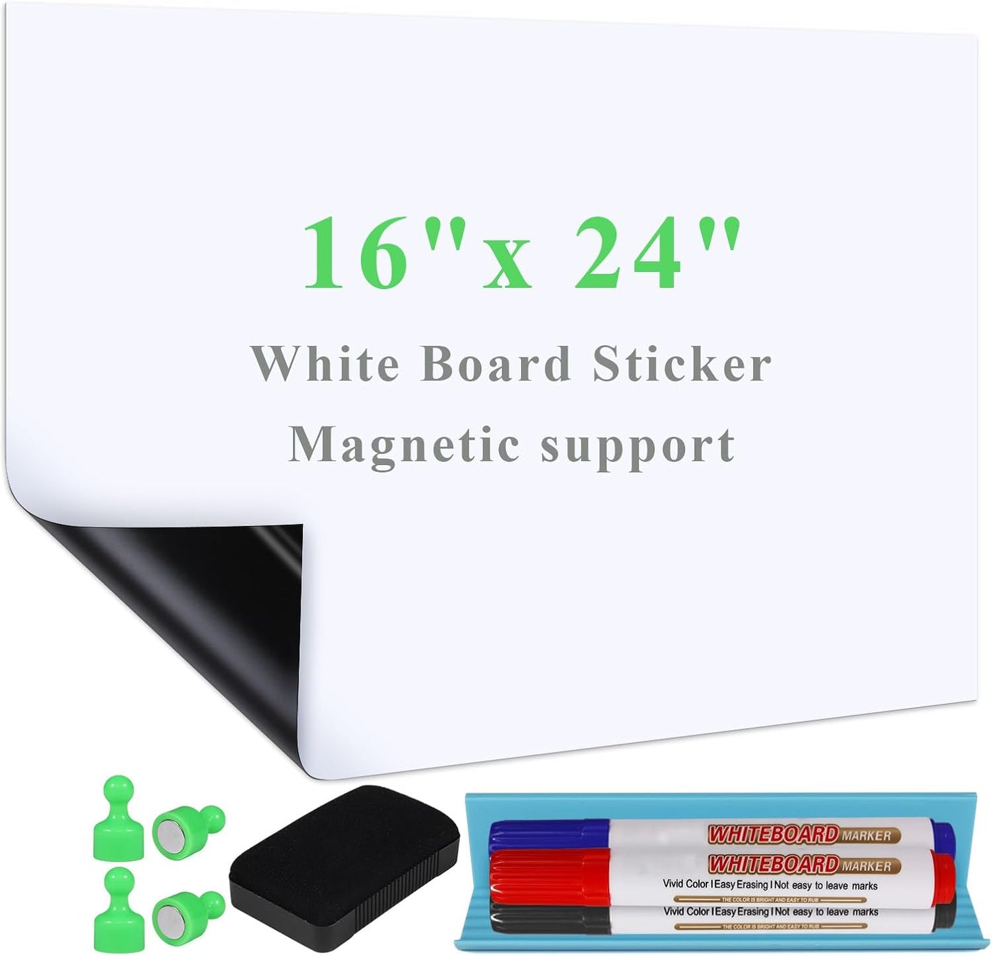 White Board Sticker Adhesive Backing, 16" x 24" Magnetic Dry Erase Board Contact Paper Stick on Wall, Whiteboard Sheet for Teacher Kids Classroom, Include Markers, Eraser with Magnet