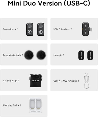 Hollyland Lark A1 Wireless Microphone for iPhone 17/16/15 & Android, 48kHz/24-bit, 3-Level Intelligent Noise Cancel, Magnetic Mini Mic for YouTube, Podcast, Vlogging (Black, 2TX + USB-C RX)