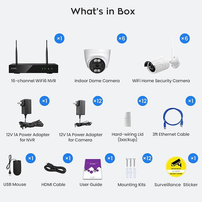 xmartO 16CH 12 Pcs Home Security Camera Kit, 6 * 2K HD Dome Camera and 6 * 2K 3MP Super HD WiFi Home Security Camera, 2-Way Audio, Night Vision, 24/7 Surveillance Camera, No Monthly Fee