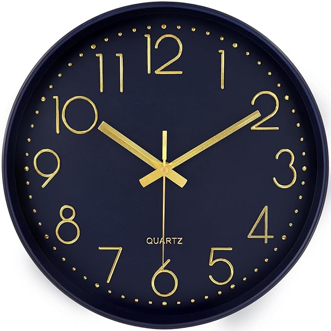 Silent Wall Clocks Battery Operated 8 Inch, Analog Wall Clock with Large Number Tempered Glass Clock Face, Navy Blue Quartz Non Ticking Wall Clocks for Living Room Bedroom Kitchen Office
