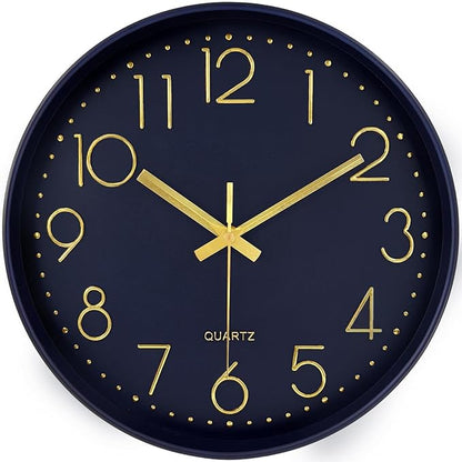 Silent Wall Clocks Battery Operated 8 Inch, Analog Wall Clock with Large Number Tempered Glass Clock Face, Navy Blue Quartz Non Ticking Wall Clocks for Living Room Bedroom Kitchen Office