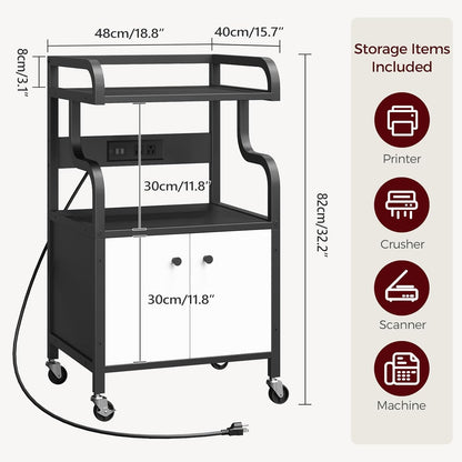 Printer Stand with Storage,Printer Table for Home Office with Charging Station, Large Rolling Cart with Wheels, Printer Cabinet with Open and Hidden Space, Black and White PTHW48E01