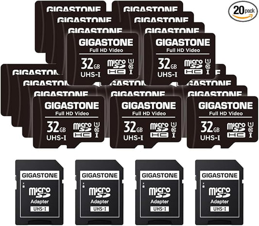 GIGASTONE 32GB 20-Pack Micro SD Card, Full HD Video, Surveillance Security Cam Action Camera Drone, 90MB/s Micro SDHC UHS-I U1 C10 Class 10, with Adapters