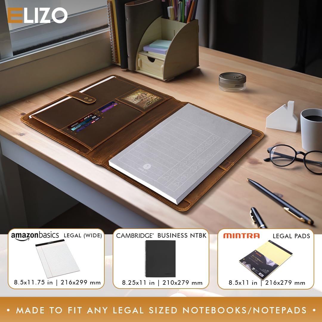 Leather Portfolio Organizer Folio Padfolio Binder Folder for Men Women Business Notebook Cover Resume Legal Pad Holder - ELIZO, 10 x 13