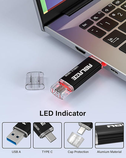 ABLAZE USB C Flash Drive 128GB 2 Pack, Dual USB 3.0+Type C Flash Drive Compatible with iPhone 16/15, Android Smartphone, Computer,Tablet Mac Laptop (2 Pack)