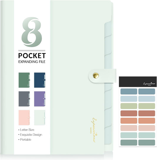 Sooez Elegant Accordion File Organizer, 8 Pocket Expanding File Folders with Labels, Portable Folder for Documents, Cute Paper Organizer for School Office Supplies, Letter Size, Light Green