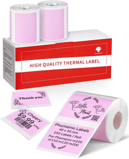 Phomemo M220 Labels,3 Roll Pink Labels for M220 M110 M108 M250 M260 M221 M200 M120 M150 Label Maker,1.57'' x 1.18''(40 x 30mm) Sticker Label for Barcode,Name,Home,Office,School