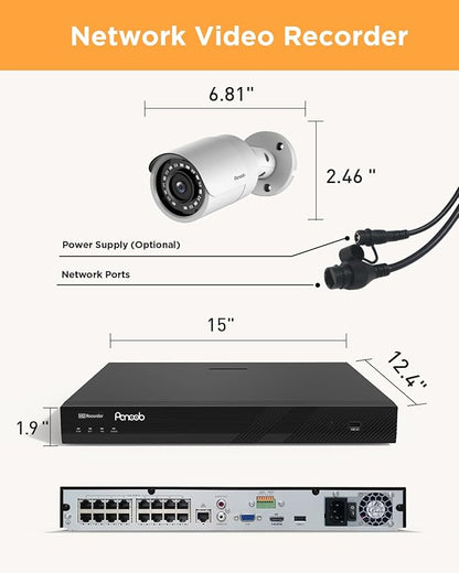 16 Channel Security Camera System, 4K 16CH NVR 4TB HDD, 12PCs 5MP Wired Surveillance Cameras, Outdoor, Human Detection, Built-in Mic, 100ft IR Night Vision