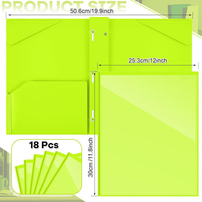 Henoyso 18 Pcs Plastic Folder with Clear Front Pocket and 3 Prong Plastic Folders with Card Slot Pocket Folders with Prongs for School Office (Fluorescent Green)