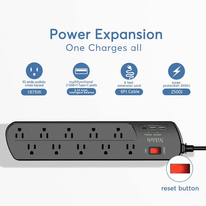 Extension Cord with Multiple Outlets, Surge Protector Power Strip with USB, 6ft Power Cord, 10 Wide Outlets, 2 USB+1 USB C Fast Charging Ports, Wall Mount, Heavy Duty, Home, Office Accessories