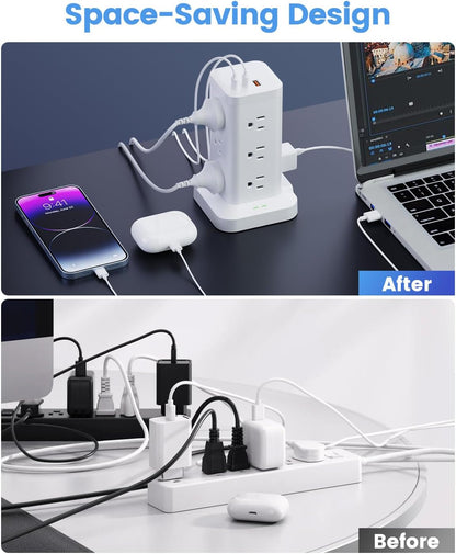 15-in-1 Power Strip Tower with Surge Protector 1800J, Fast Charging Tower PD20W USB-C Ports with 12 AC Outlets, 9.8ft Extension Cord for Home Office Dorm Room, White