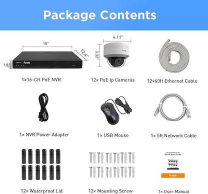 16 Channel Security Camera System, 12x 8MP IK10 Vandal Proof Dome Camera Outdoor with Human Vehicle Detection, Built-in Mic, Remote Access 24-7 Recording, 4K 16CH NVR 4TB HDD, PD54A1216-8M