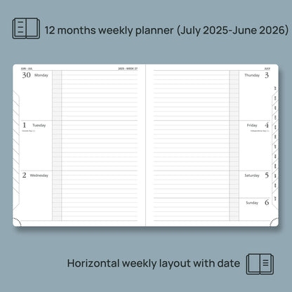 POPRUN Planner 2025-2026 (Large 8.5''x 10.5''), Horizontal Weekly Notebook Jul.2025 - Jun.2026, Academic Appointment Book with Monthly Tabs, Leather Hardcover, Inner Pocket, 100 GSM - Black