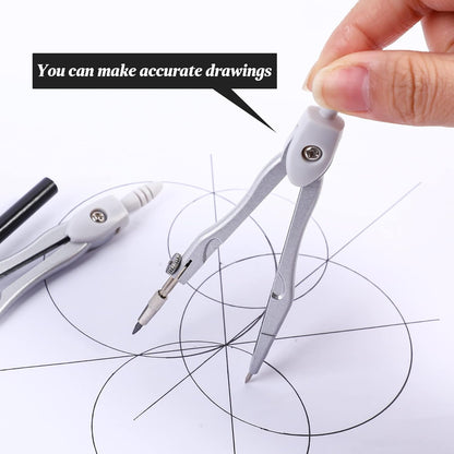 Math Geometry Kit Sets 10 Piece Student Supplies with Shatterproof Storage Box,Includes Rulers,Protractor,Compass,Eraser,Pencil Sharpener,Lead Refills,Pencil,for Drafting（White）