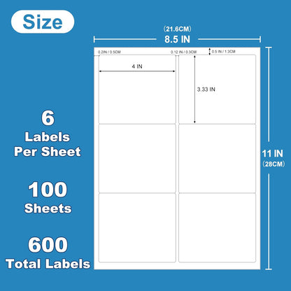Printable Shipping Labels 3-1/3" x 4", White Blank Mailing Labels, Mailing Shipping Label（100 Sheet, 600 Labels）