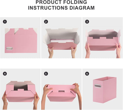 Oterri File Organizer, 6 Packs Small Storage Box, Cardboard File Folder Organizer, Collapsible File Box for Hanging File Folders Letter Size, Portable Filing Organizer with Handle（Pink）