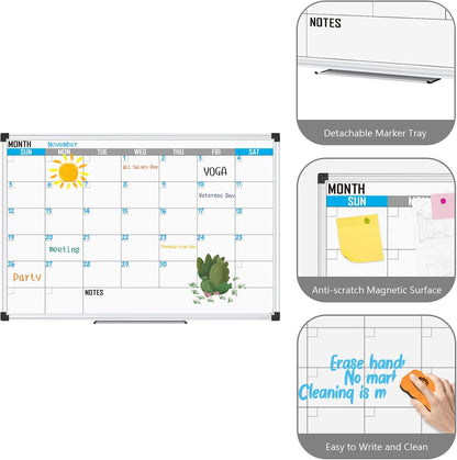 XBoard Magnetic Calendar Whiteboard 48" x 36" - Monthly Calendar Dry Erase Board, White Board + Colorful Calendar Board, Silver Aluminium Framed Monthly Planning Board