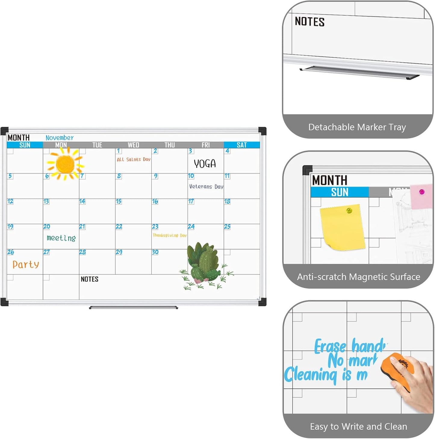 XBoard Magnetic Calendar Whiteboard 36" x 24" - Monthly Calendar Dry Erase Board, Reusable Colorful Calendar Board, Silver Aluminium Framed Monthly Planning Board