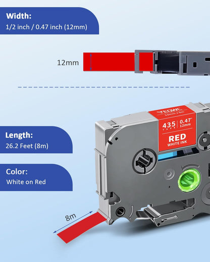 Tz Tape Tz-435 White on Red Label Tape Compatible for Brother Tze-435 Tze435 12mm 0.47 Laminated Tze 1/2 Refill Work for Brother Label Maker P-Touch PT-D210 PT-H110 PT-D220 PT-D200 PT-D400 PT-1080
