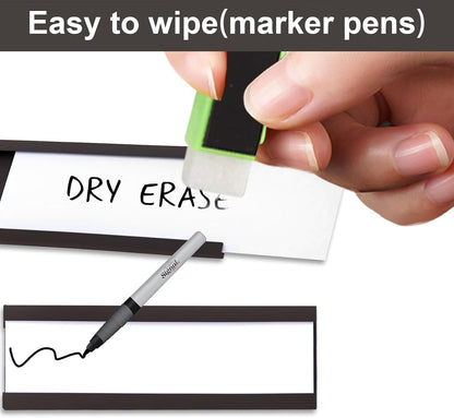 50 Pack Magnetic Label Holders, 'C' Channel Magnets Card Holders with Dry Erase Insert Label Card for Metal Racks and Shelves (1" x 3")