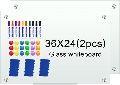 H-Qprobd Glass White Board for Wall Dry Erase Board 36" x 24" (2pcs) Magnetic Presentation Whiteboard for Home, Office and School