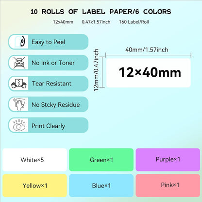 D30 P21 Label Maker Tape Refill 12mm×40mm(0.47"x1.57") Sticker, Laminated Thermal Label Tape Replacement, 1650 Labels/10Rolls, High Definition Labeling Tape for Home Office School Hotel