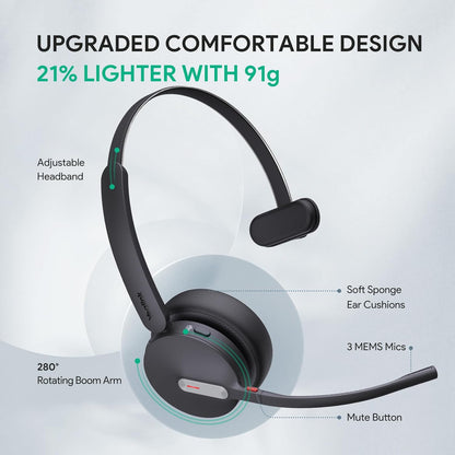 Yealink BH70 Mono UC Wireless Bluetooth Headset with Microphone for Work, up to 35h Talking Battery Life, 3-Mic Noise Cancellation, 91g Lightweight Work Headsets for Open Office, USB-C to A