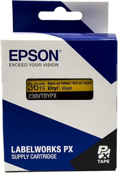 Epson LABELWORKS 236VTBYPX Genuine Tape Cartridge - Black on Yellow Flexible and Durable Vinyl Industrial Label Maker Tape - 1.5" (36MM) Wide, 22.9 ft