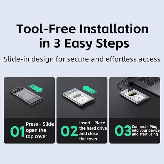2.5'' SATA SSD External Hard Drive Enclosure, USB 3.1 to SATA 6Gbps, Tool-Free Transparent Case, Supports 7mm/9.5mm 2.5'' SSD, Up to 8TB, Plug & Play for PC, Laptop, PS5, Xbox