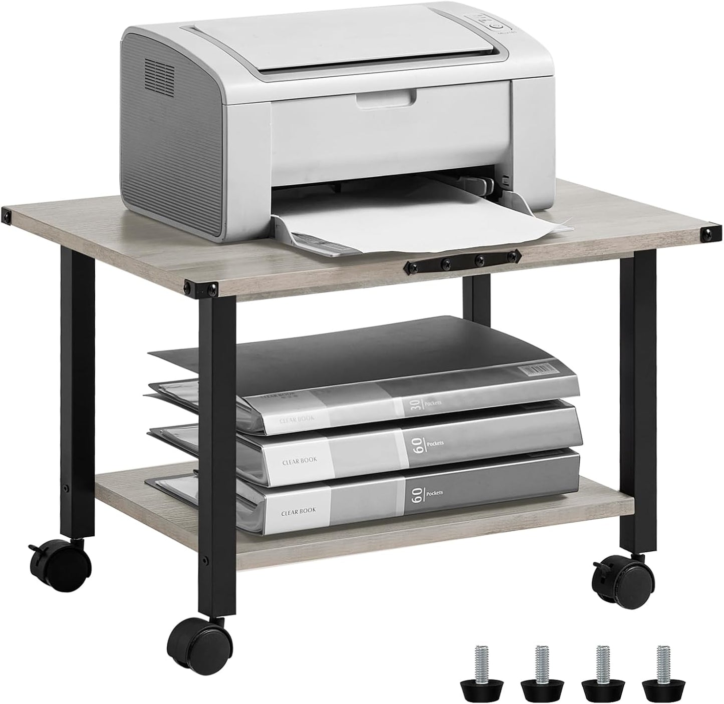 Lerliuo Under Desk Printer Stand, 2-Tier Industrial Mobile Printer Table with Storage Shelf and Steel Frame, Rolling Printer Cart Holder with Lockable Wheels for Home, Office (Grey)